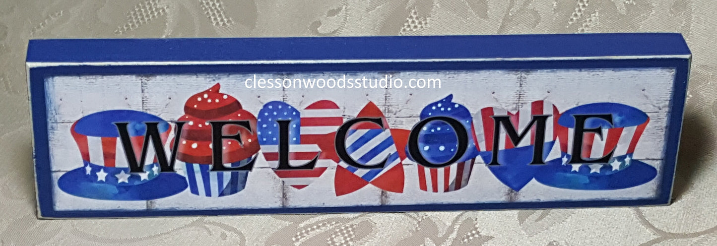 July Welcome Blue Wood Sign