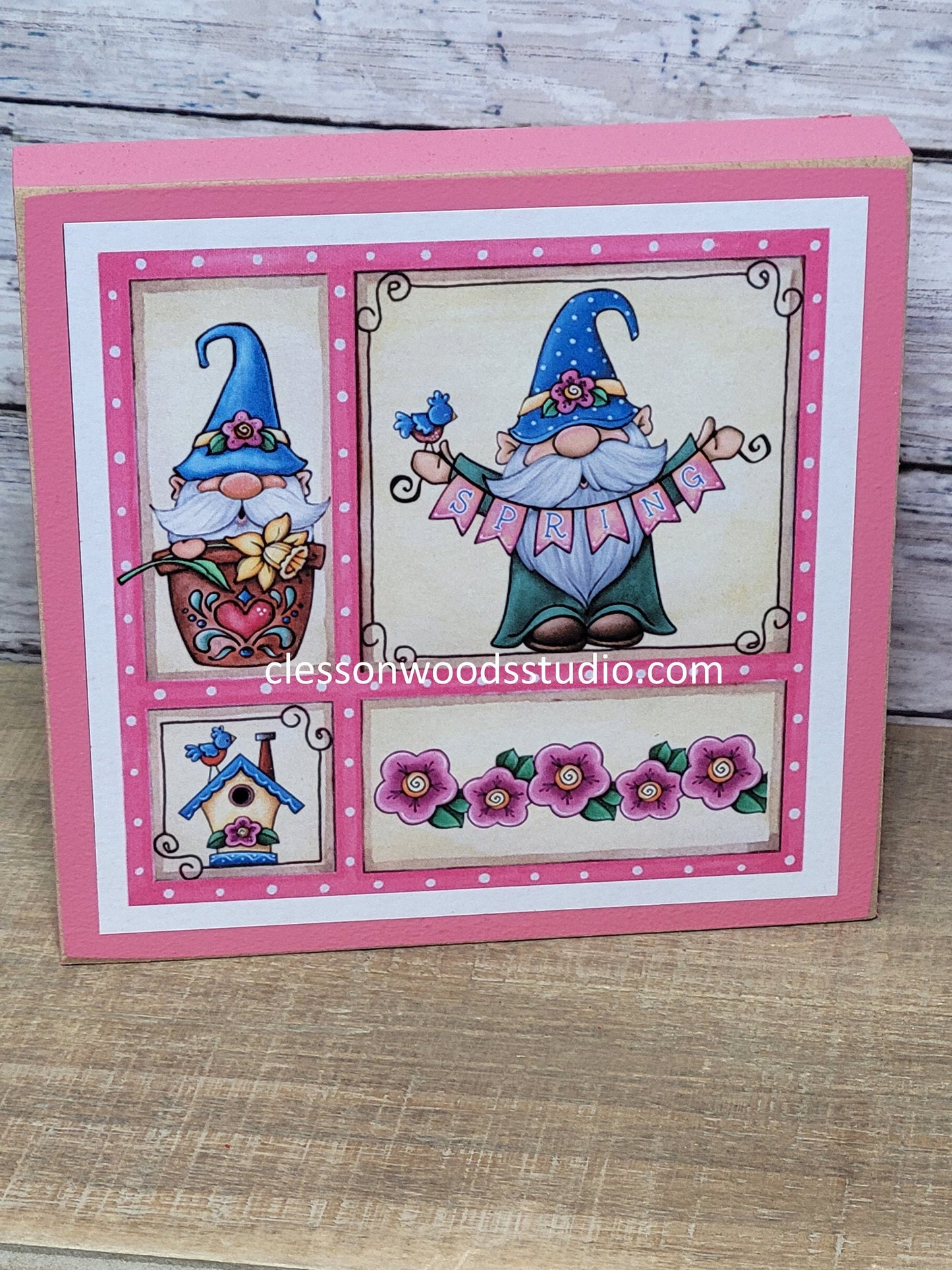 Spring Gnome Friends Small Square Wood Block Sign