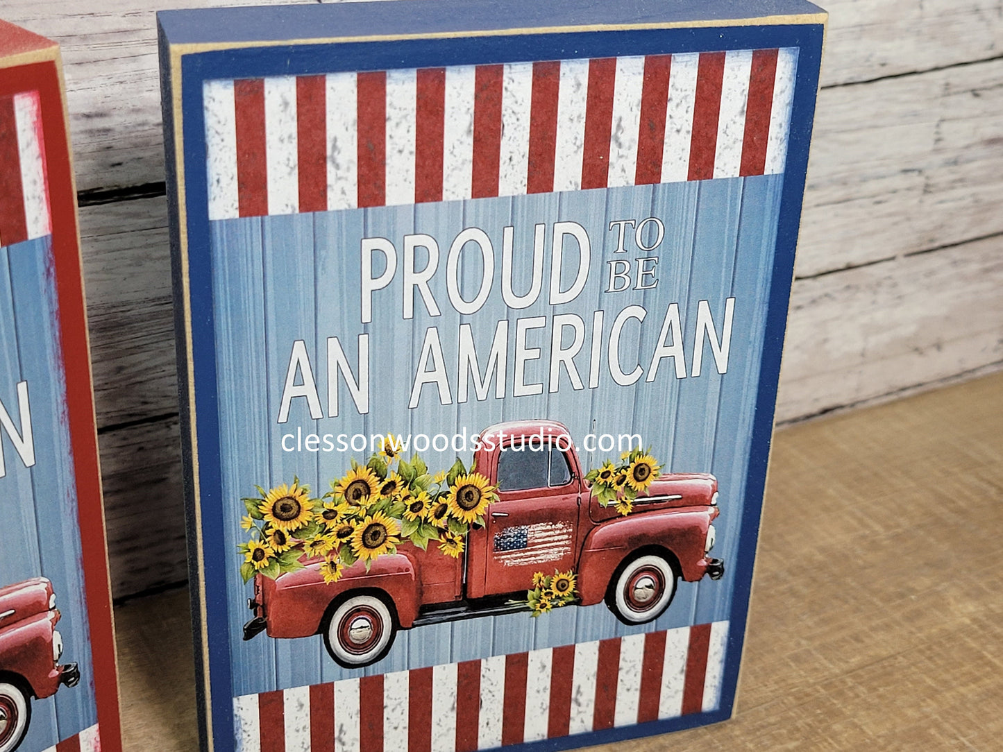 Proud To Be An American Red Truck Wood Block Sign