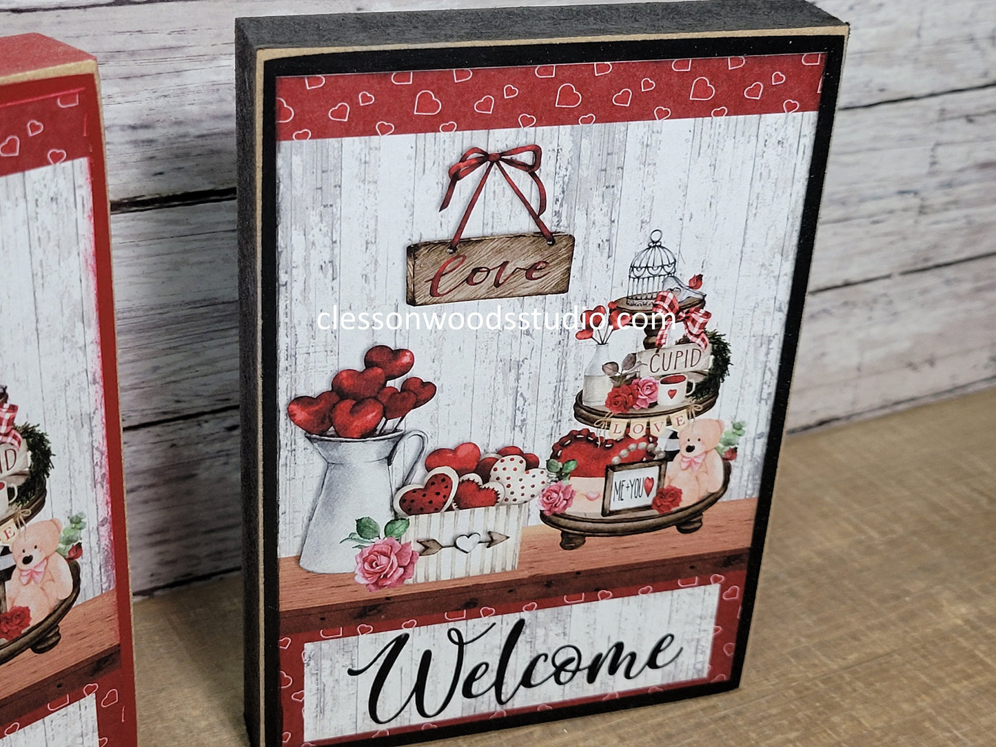 Valentine Welcome Tiered Tray Wood Block Sign