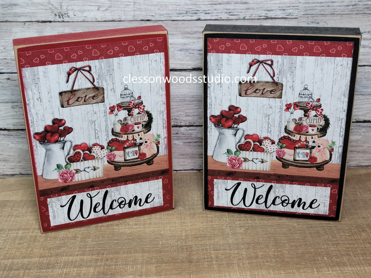Valentine Welcome Tiered Tray Wood Block Sign