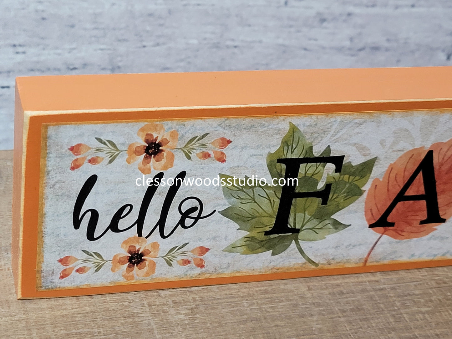 Hello Fall - Fall Leaves Orange Horizontal Wood Sign