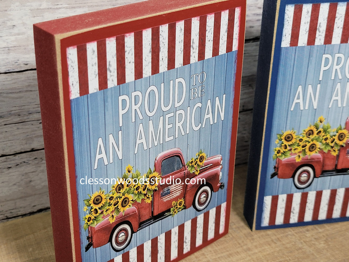 Proud To Be An American Red Truck Wood Block Sign