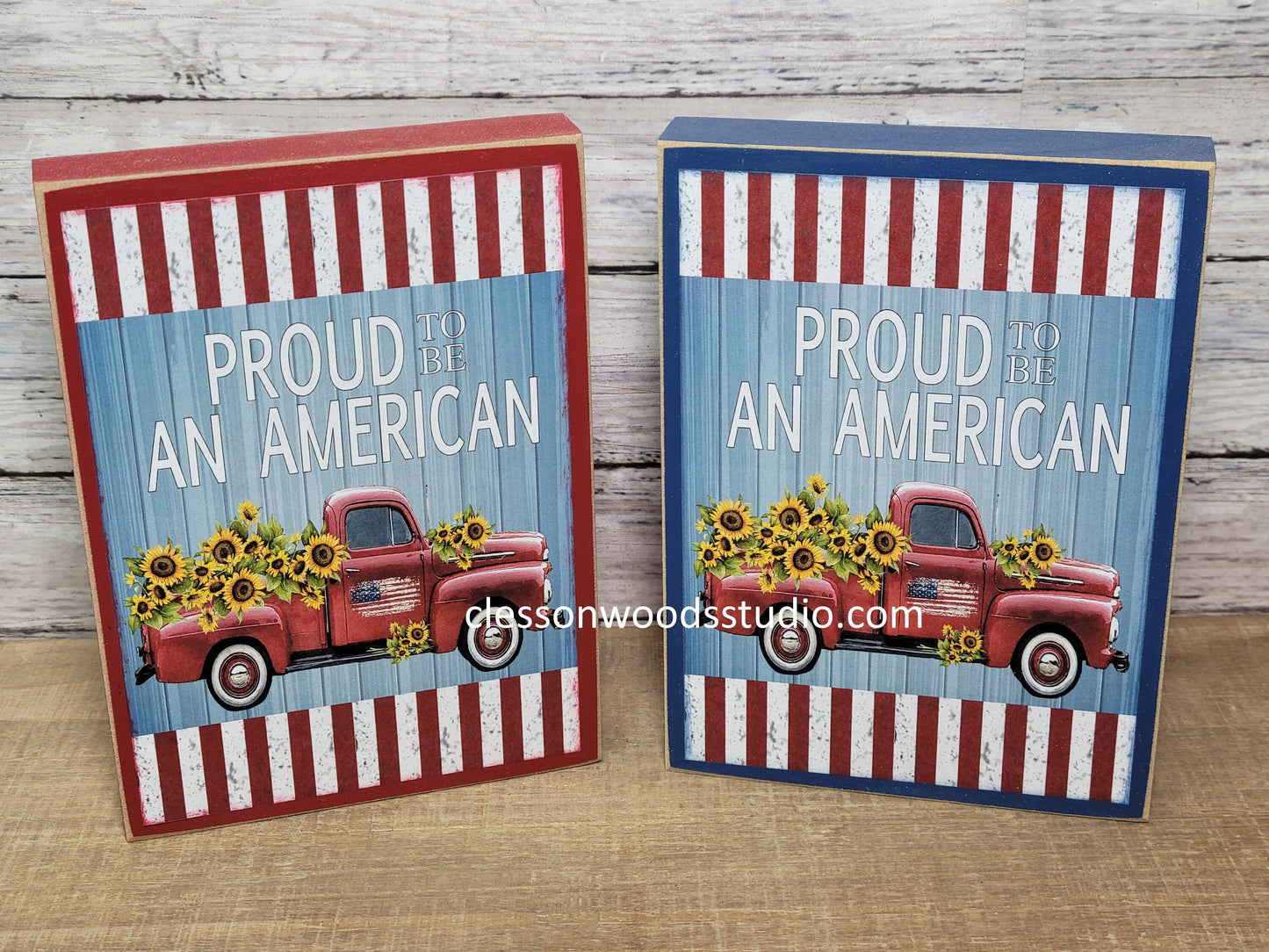 Proud To Be An American Red Truck Wood Block Sign