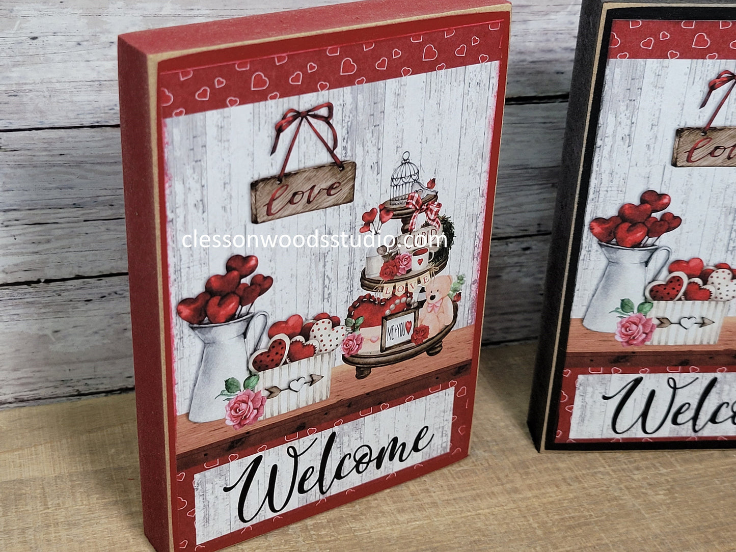 Valentine Welcome Tiered Tray Wood Block Sign