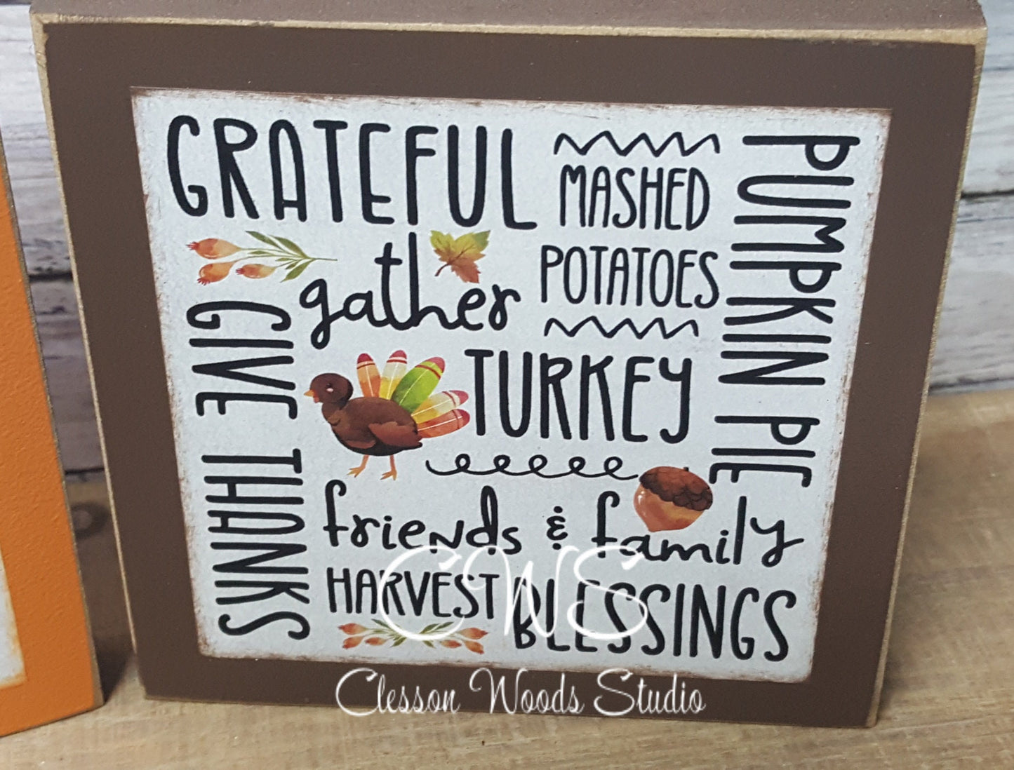 Thanksgiving 2 Subway Style Print Square Wood Sign