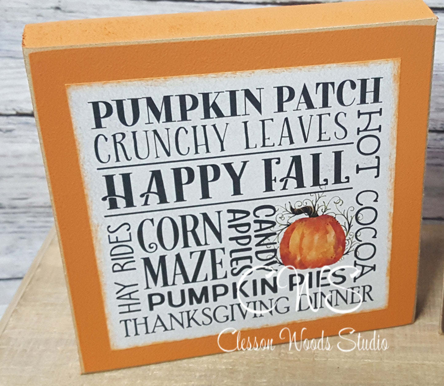 Fall Pumpkin Subway Style Print Square Wood Sign