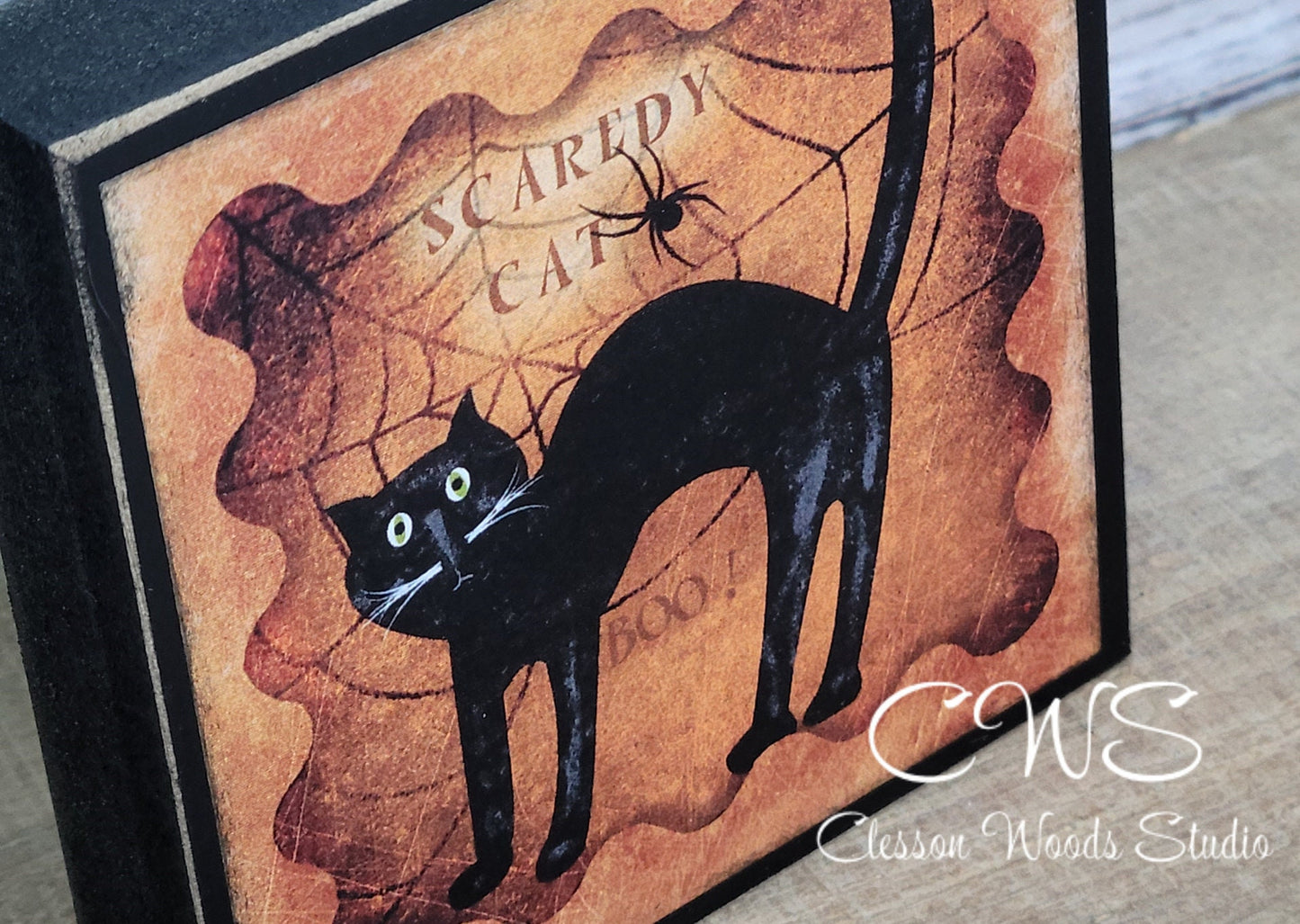 Primitive Halloween Scaredy Cat Wood Block Sign