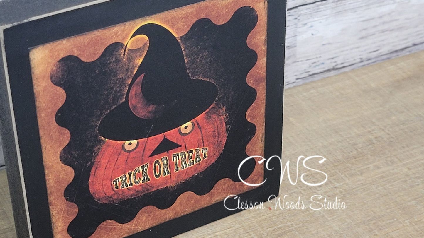 Primitive Trick Or Treat Pumpkin Wood Block Sign