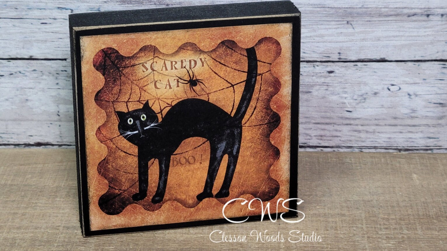 Primitive Halloween Scaredy Cat Wood Block Sign