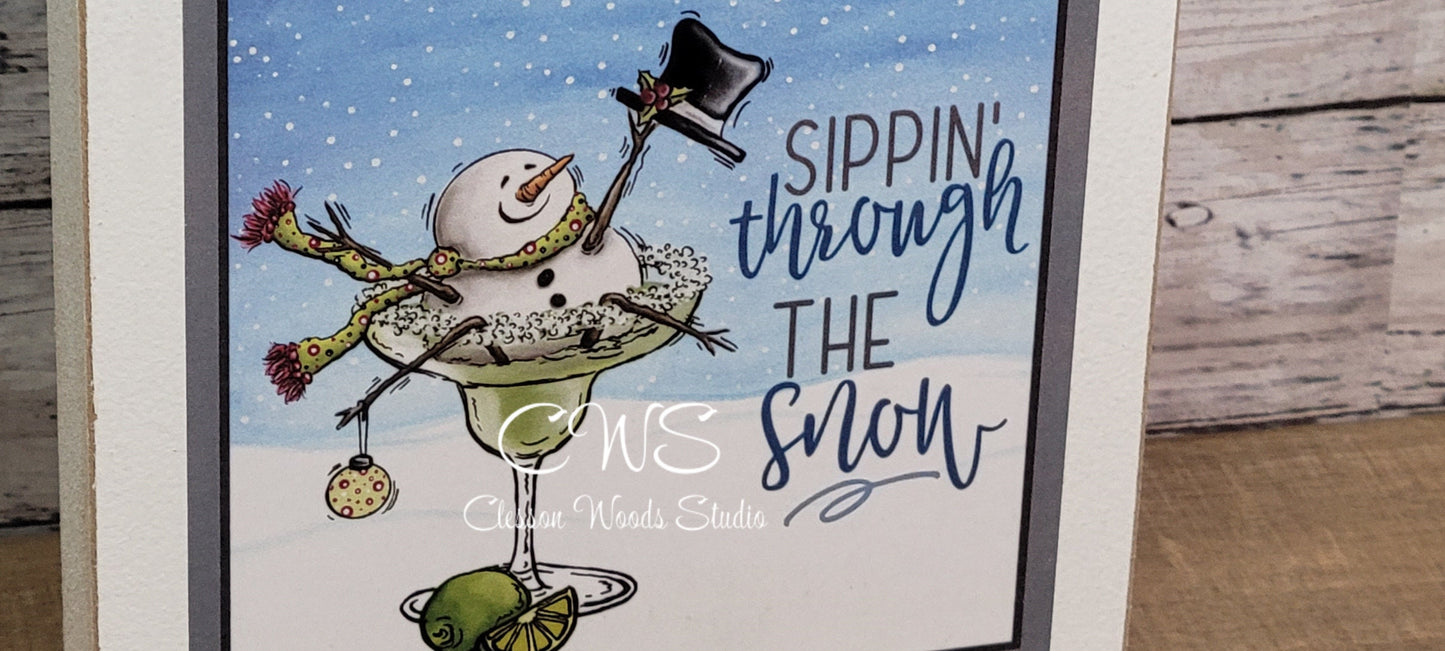 Sipping Through The Snow Snowman Drink Wood Block Sign