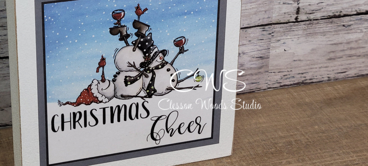 Christmas Cheer Wine Drinking Snowmen Wood Block Sign