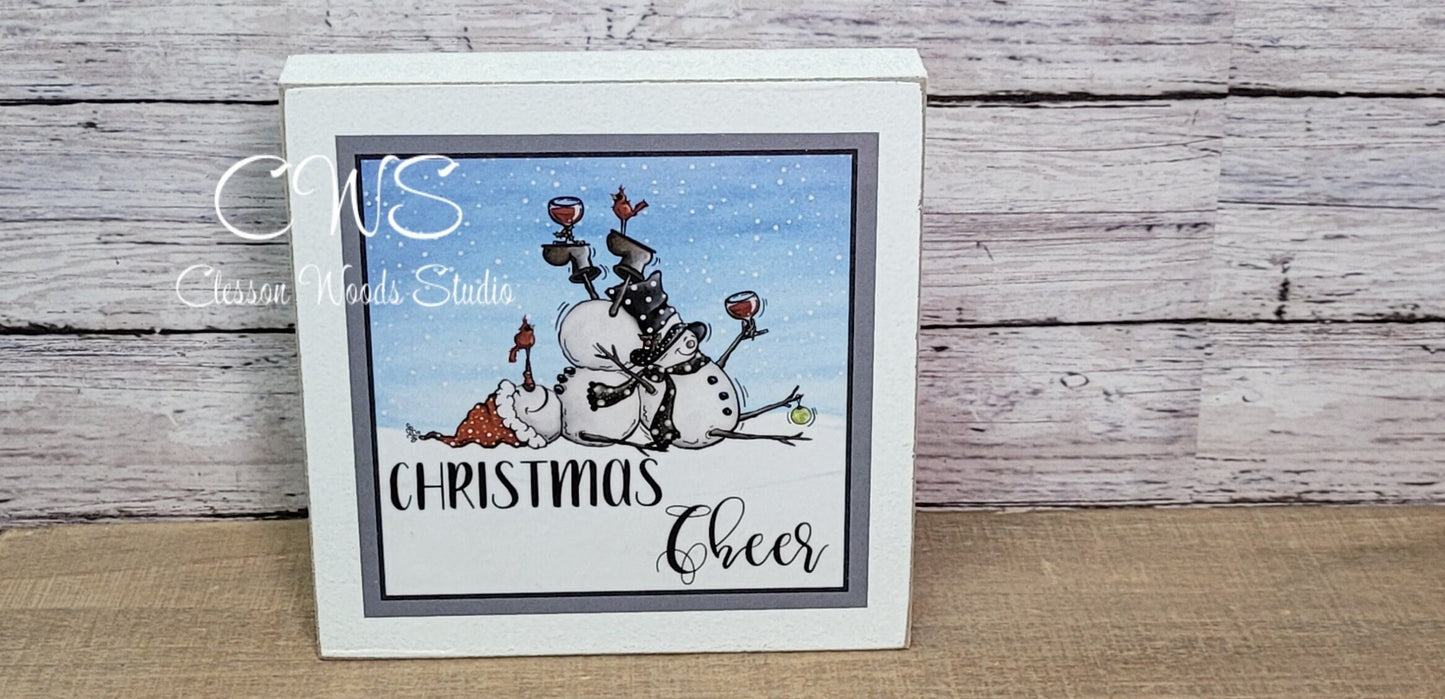 Christmas Cheer Wine Drinking Snowmen Wood Block Sign