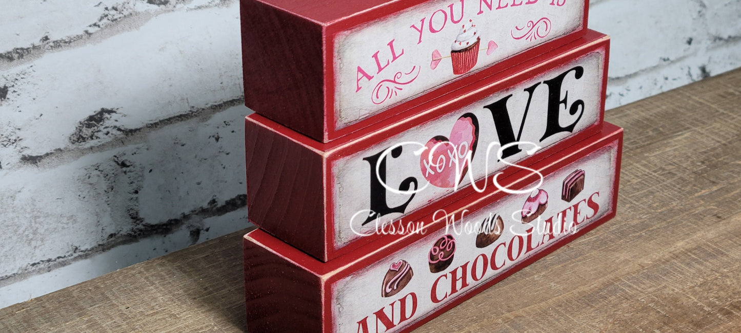 All You Need Is Love and Chocolates Red Wood Block Stack