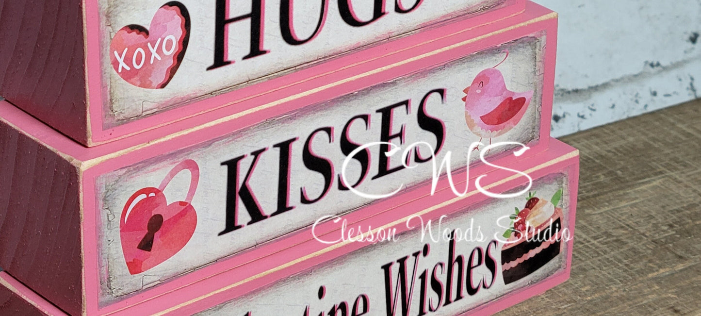 Hugs Kisses Valentine Wishes 2 Pink Wood Block Stack
