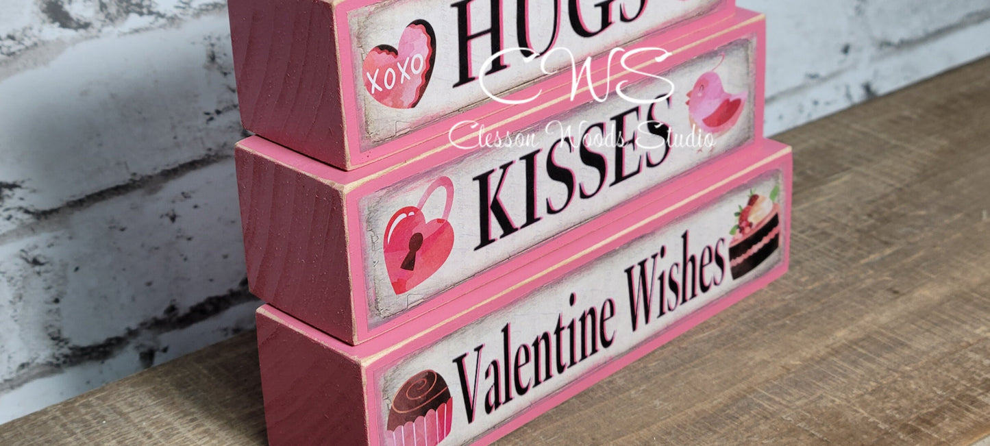 Hugs Kisses Valentine Wishes 2 Pink Wood Block Stack