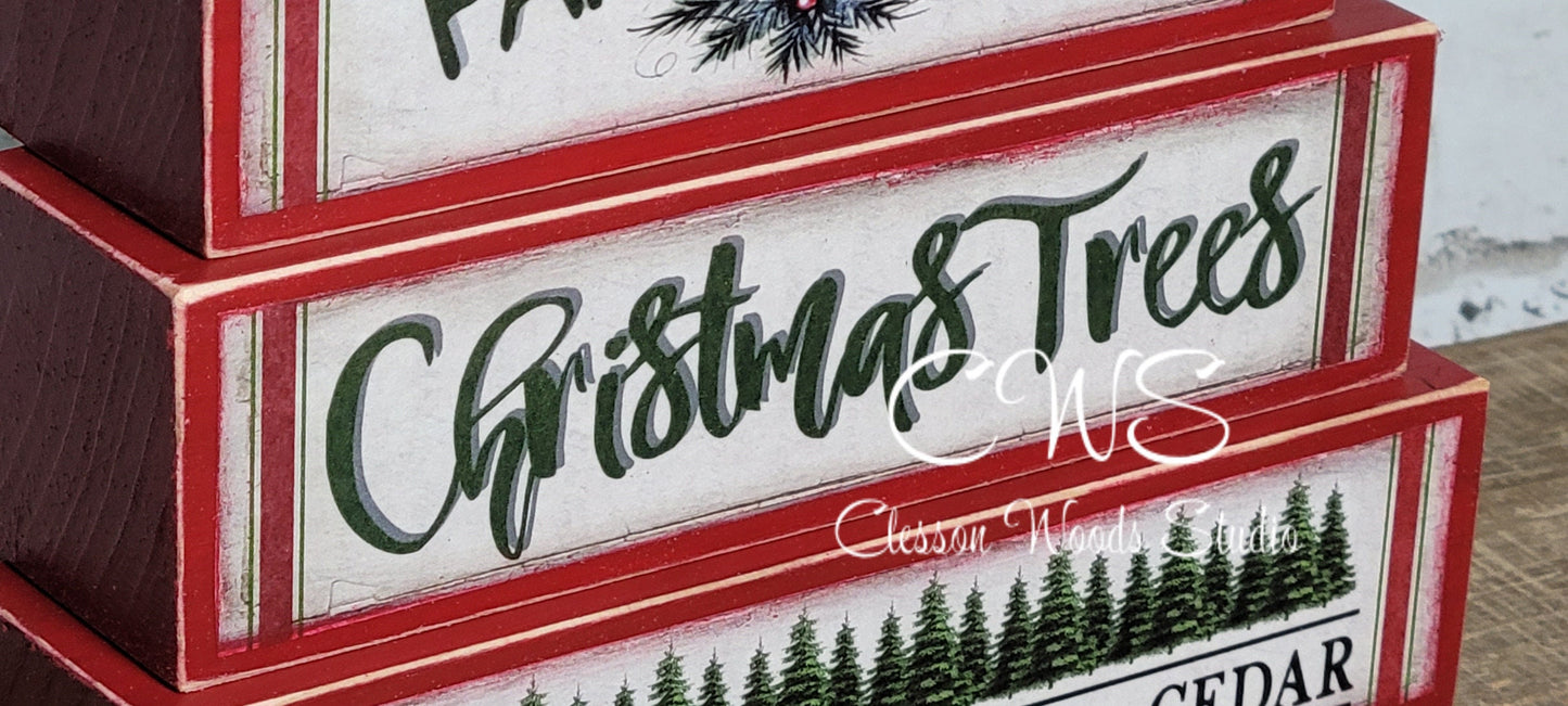 Farm Fresh Christmas Trees Red Wood Block Stack