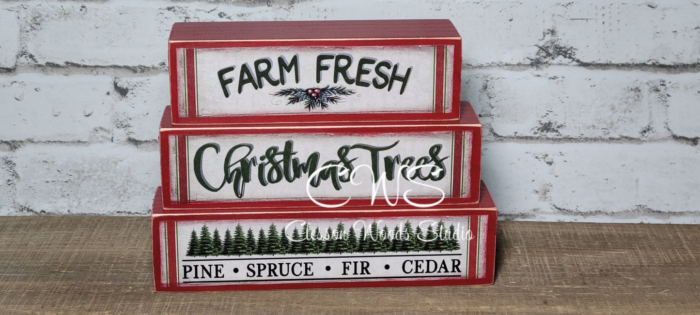 Farm Fresh Christmas Trees Red Wood Block Stack
