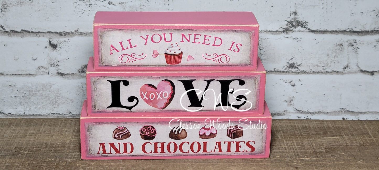 All You Need Is Love and Chocolates Pink Wood Block Stack