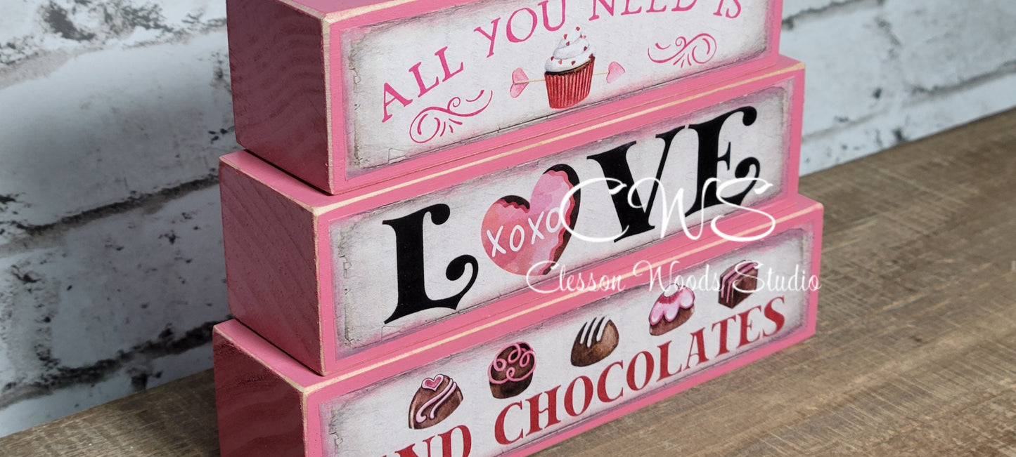 All You Need Is Love and Chocolates Pink Wood Block Stack