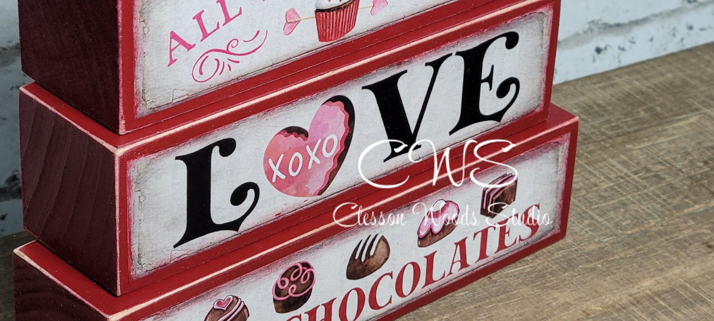 All You Need Is Love and Chocolates Red Wood Block Stack