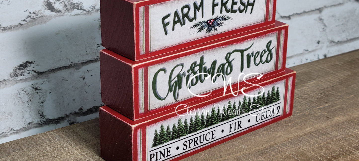 Farm Fresh Christmas Trees Red Wood Block Stack