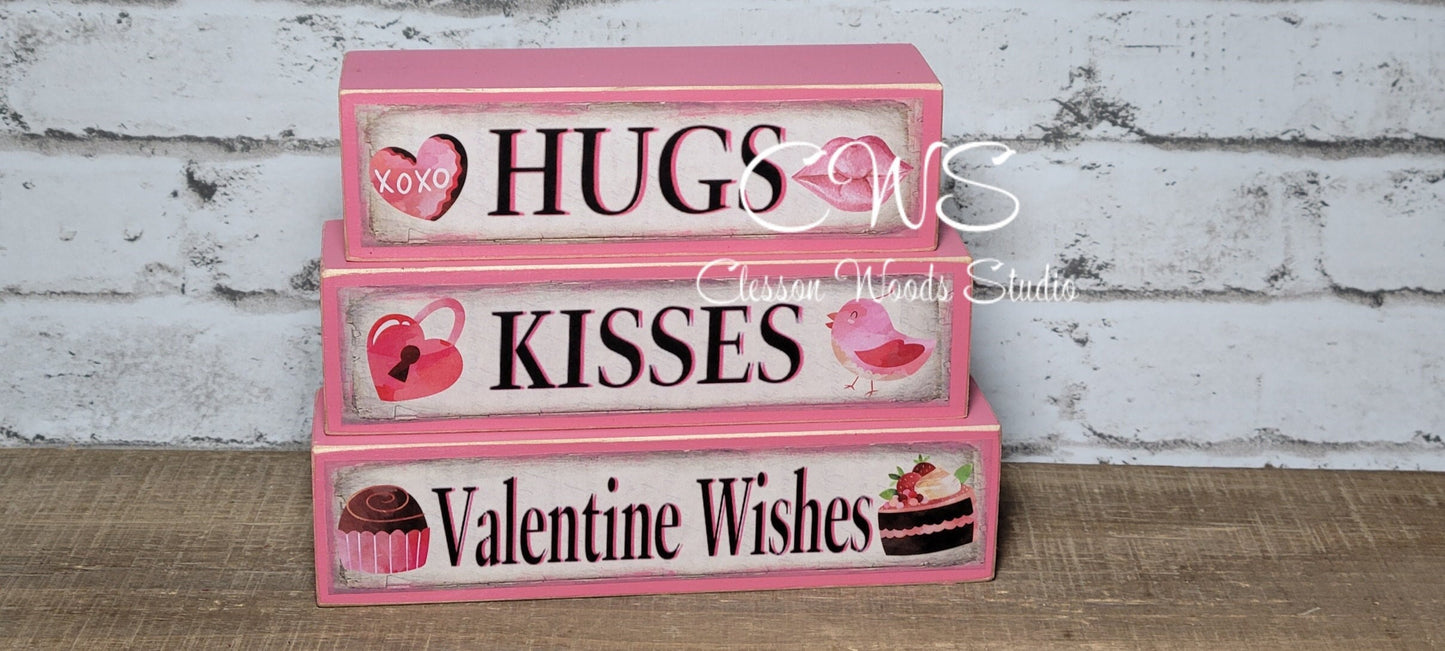 Hugs Kisses Valentine Wishes 2 Pink Wood Block Stack