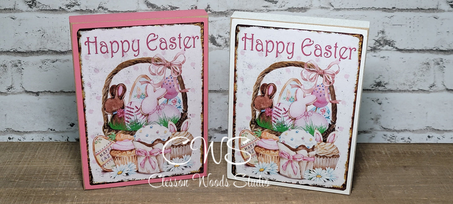 Happy Easter Basket of Sweets Wood Block Sign