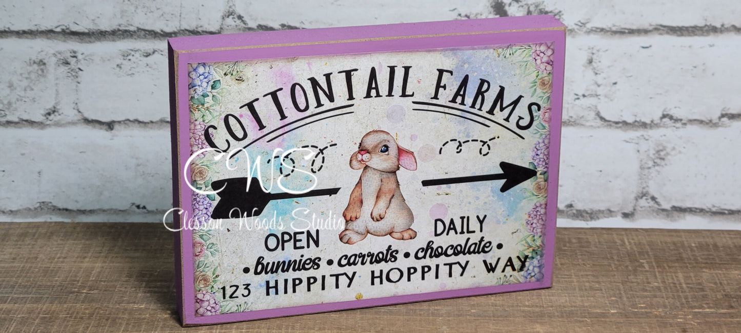 Cottontail Farms (Purple, White or Blue) Wood Block Sign