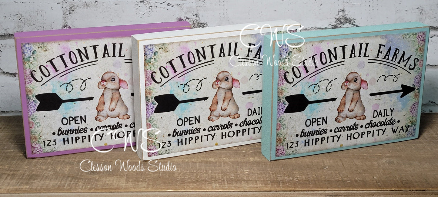 Cottontail Farms (Purple, White or Blue) Wood Block Sign