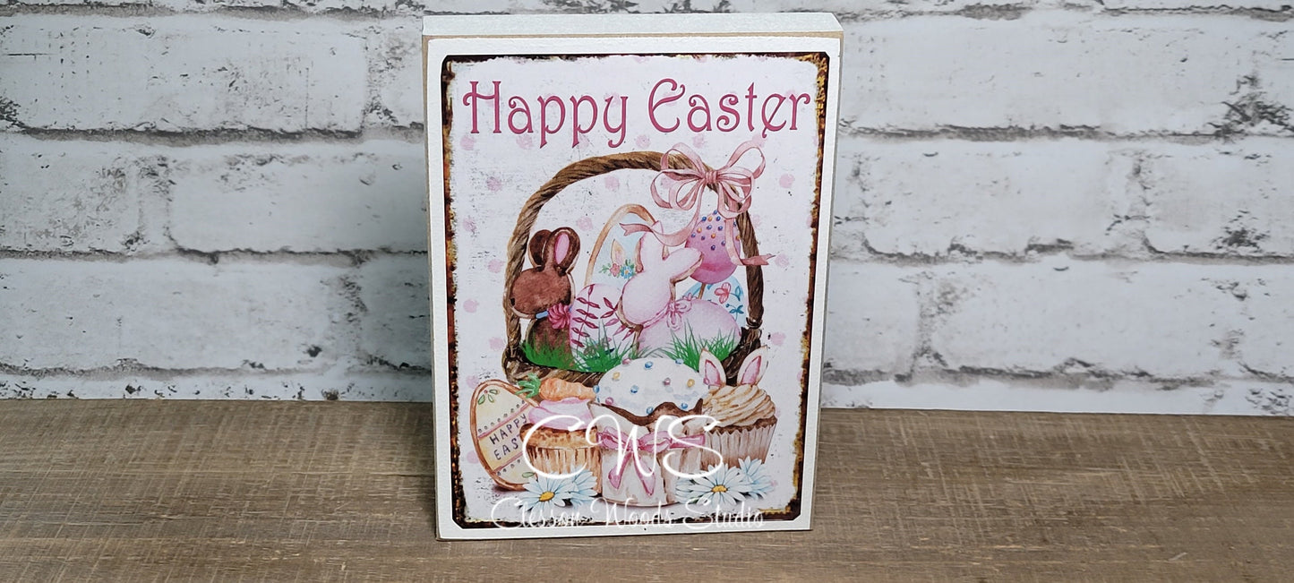 Happy Easter Basket of Sweets Wood Block Sign