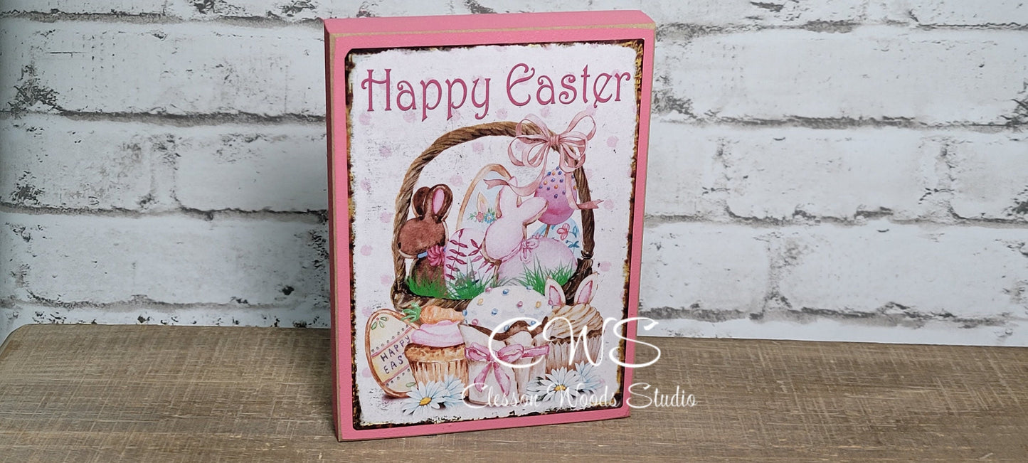 Happy Easter Basket of Sweets Wood Block Sign