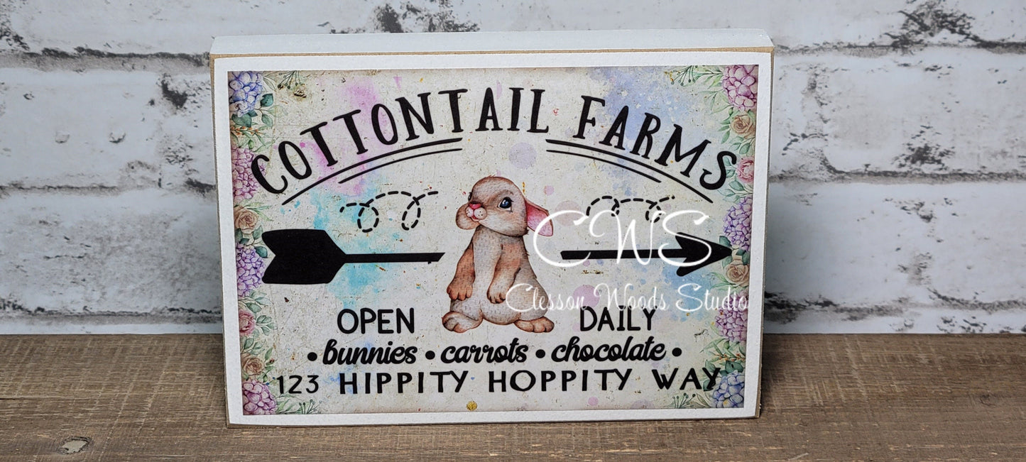 Cottontail Farms (Purple, White or Blue) Wood Block Sign