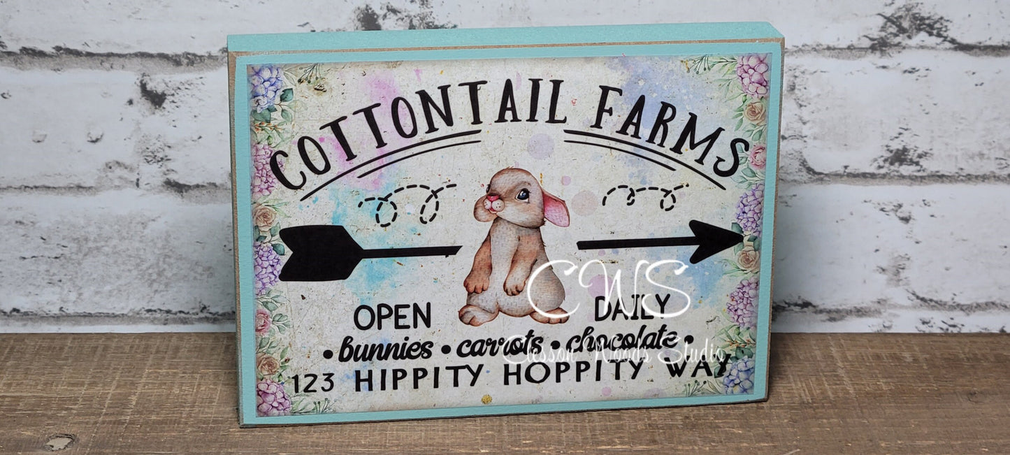 Cottontail Farms (Purple, White or Blue) Wood Block Sign