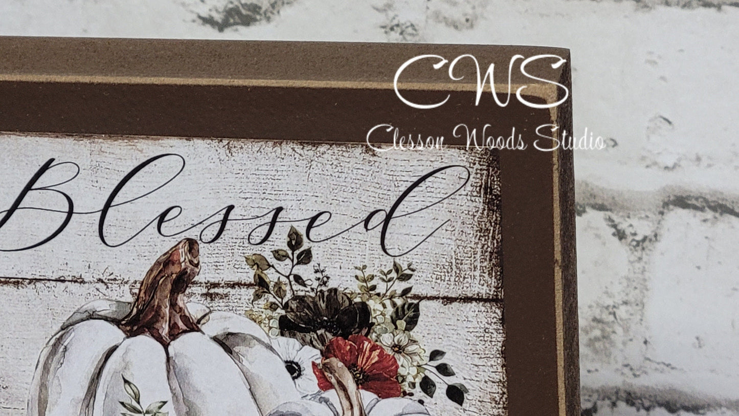 Blessed Fall White Pumpkins Square Wood Block Sign