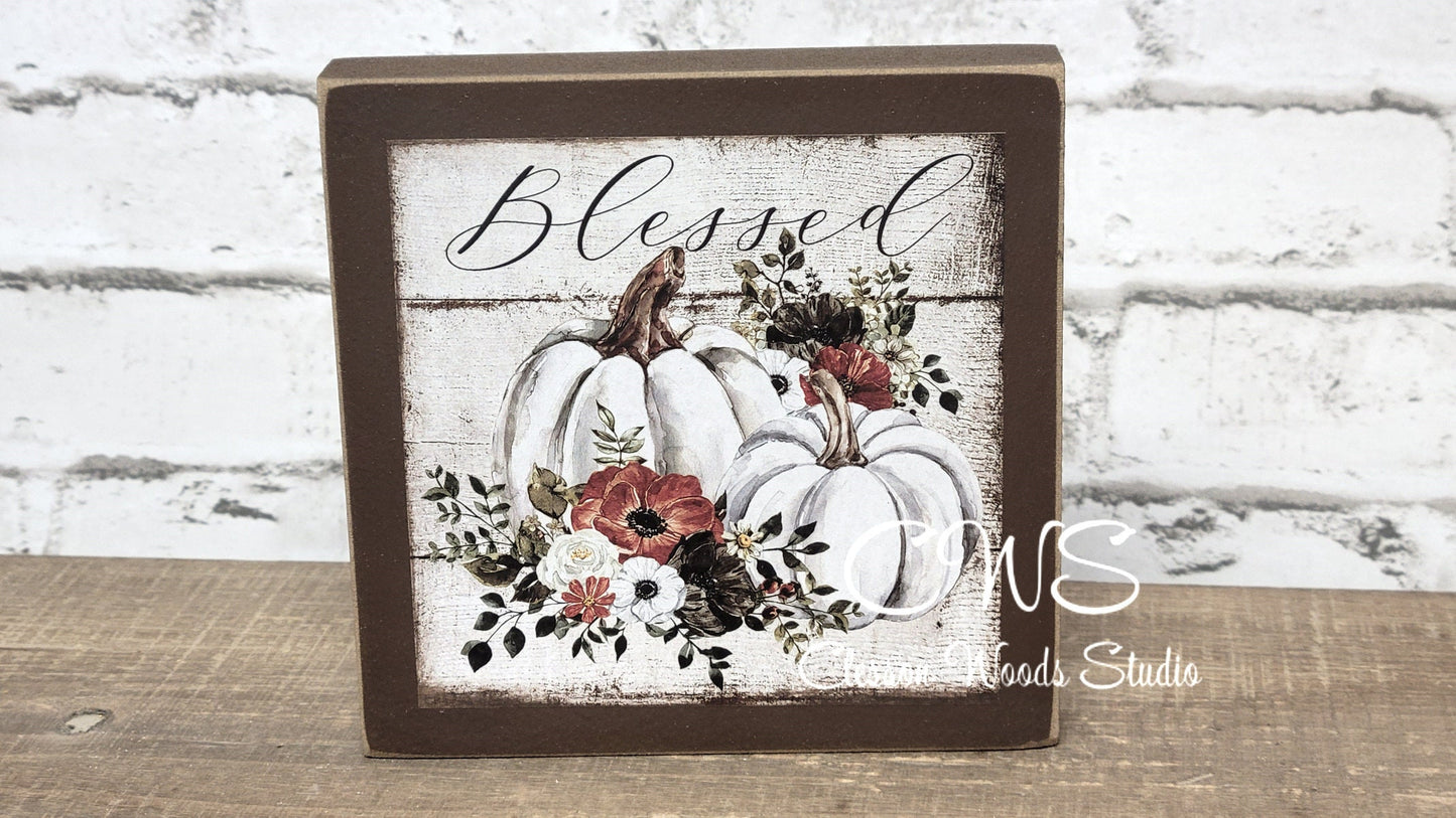 Blessed Fall White Pumpkins Square Wood Block Sign