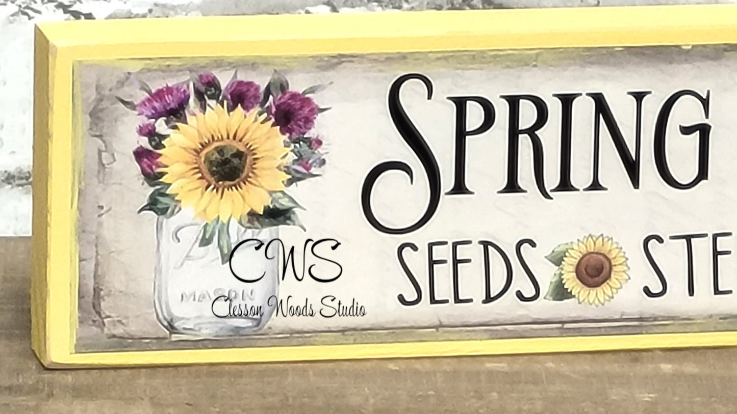 Spring Market Flowers in Glass Jar Wood Block Sign