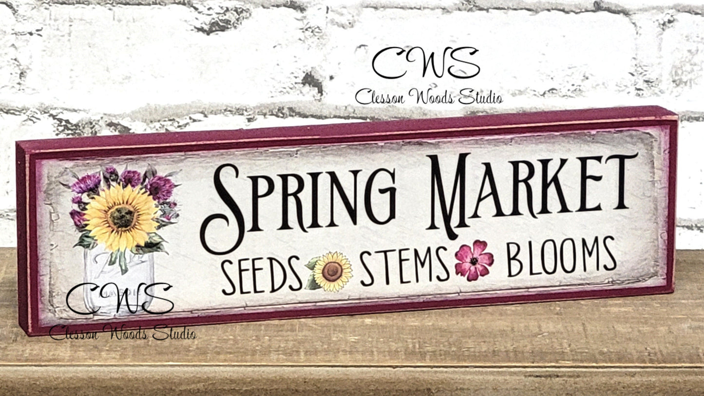 Spring Market Flowers in Glass Jar Wood Block Sign