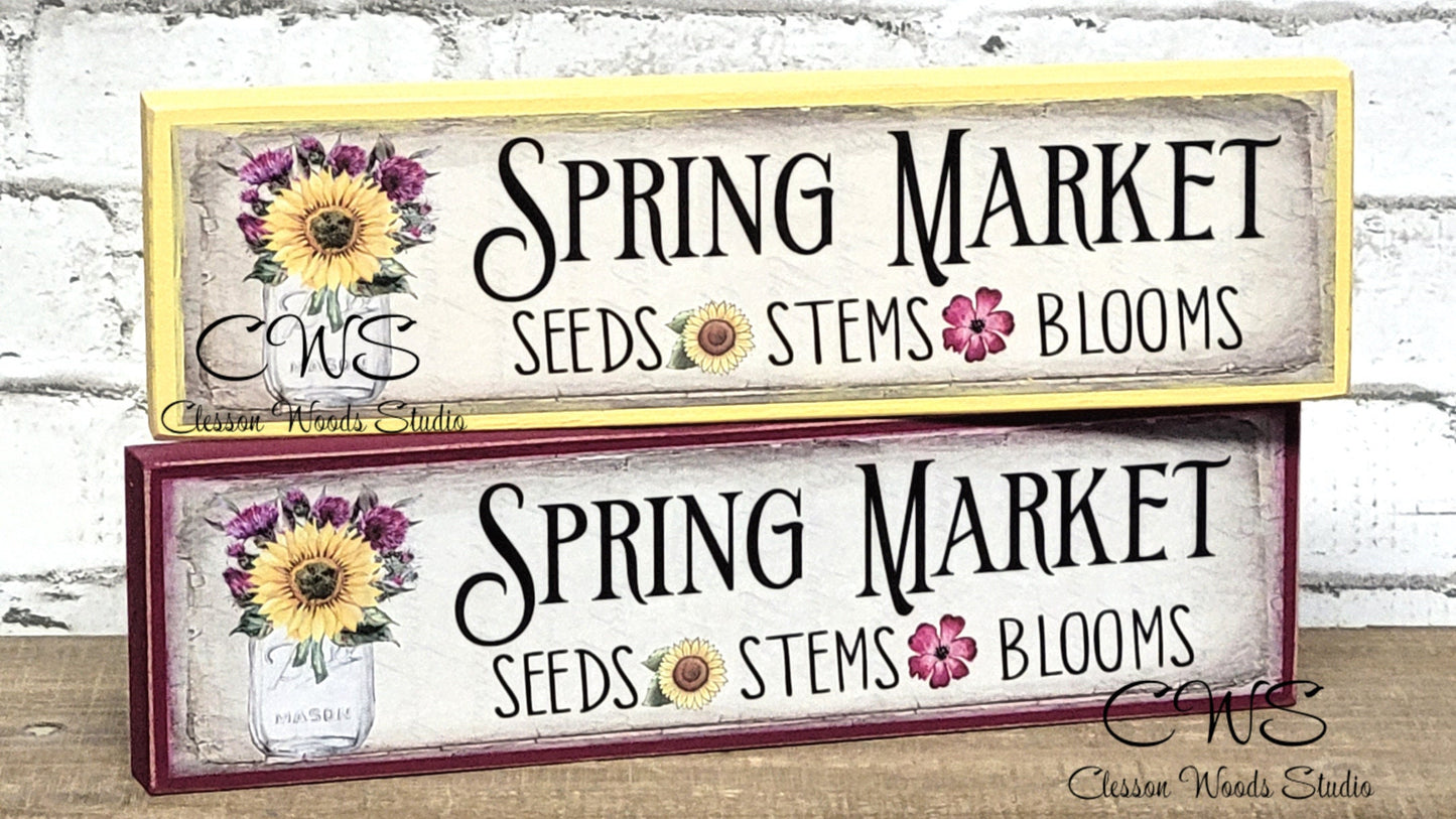 Spring Market Flowers in Glass Jar Wood Block Sign