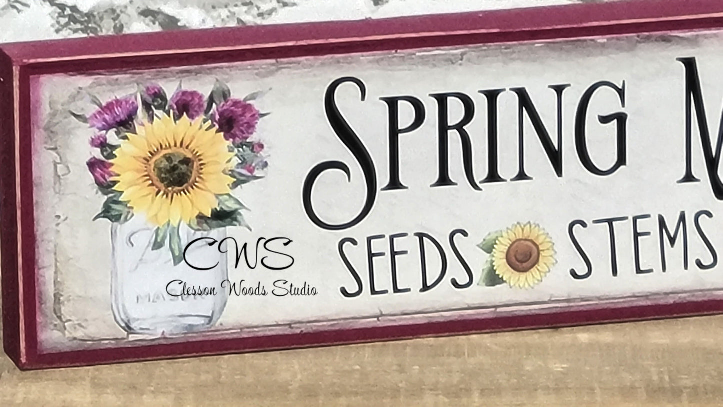 Spring Market Flowers in Glass Jar Wood Block Sign