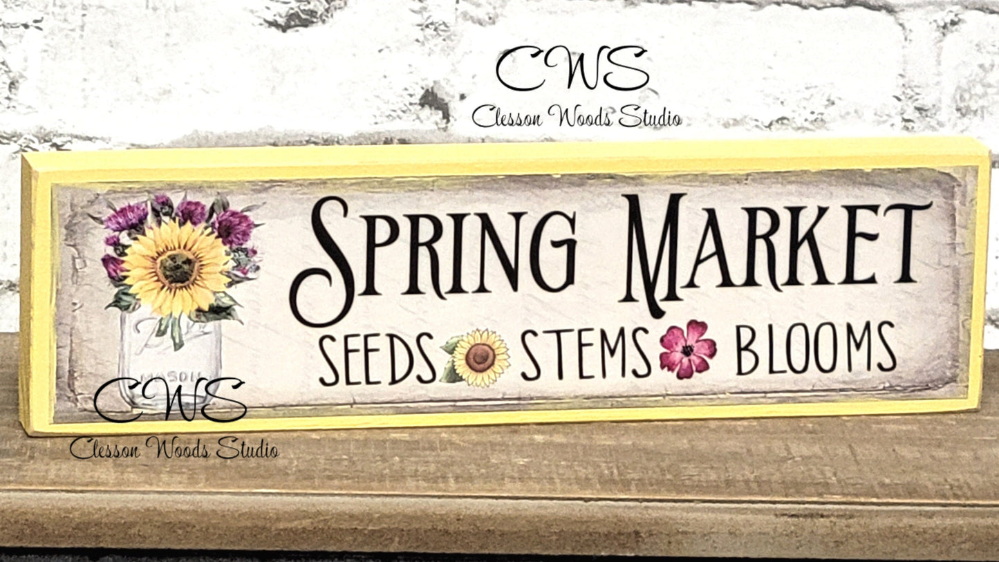 Spring Market Flowers in Glass Jar Wood Block Sign