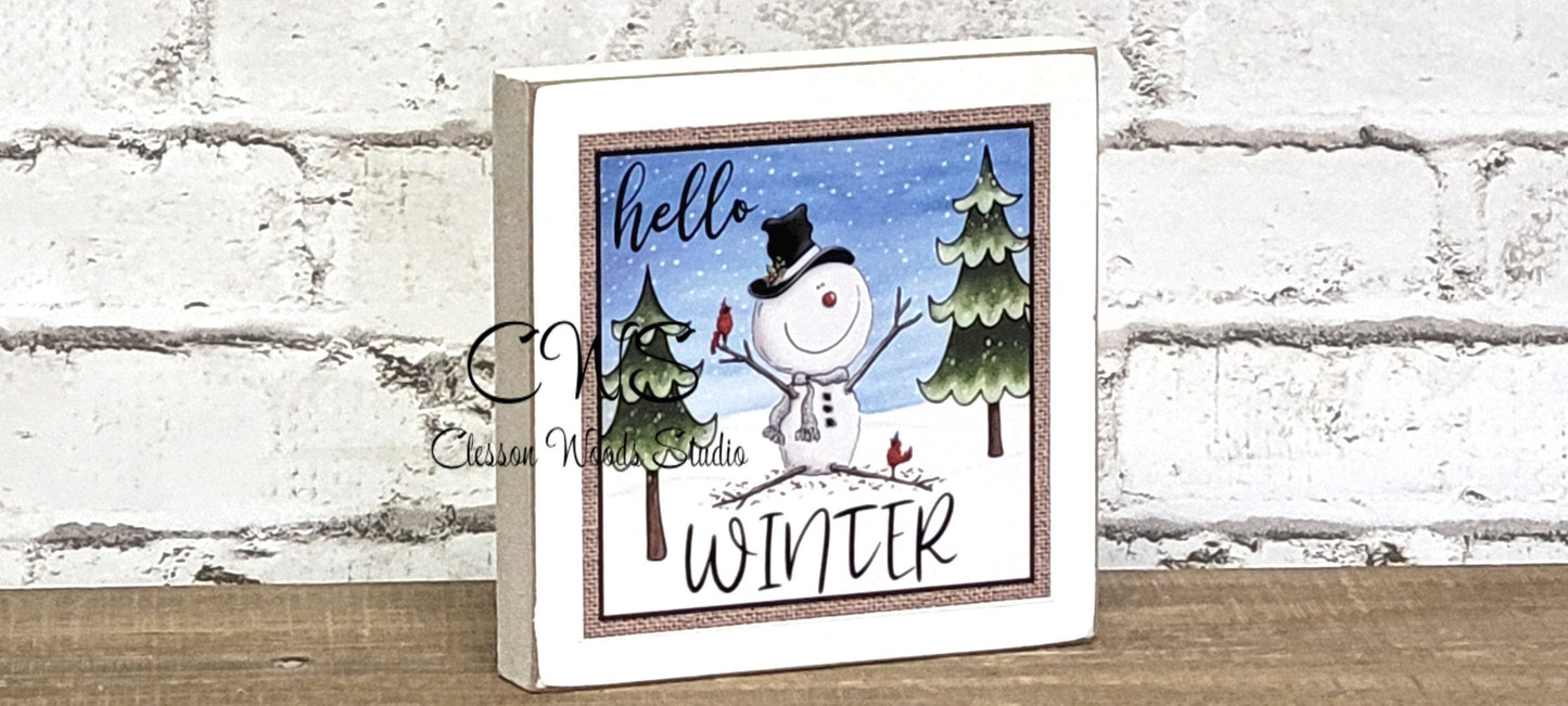 Hello Winter Snowman With Cardinals Square Wood Sign