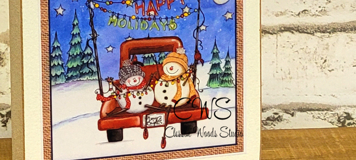 Happy Holidays Two Cute Snowmen in Red Truck Square Wood Sign