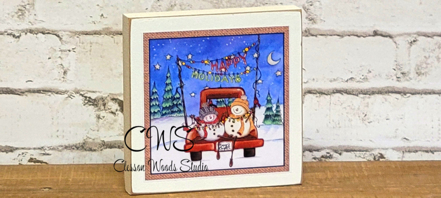 Happy Holidays Two Cute Snowmen in Red Truck Square Wood Sign