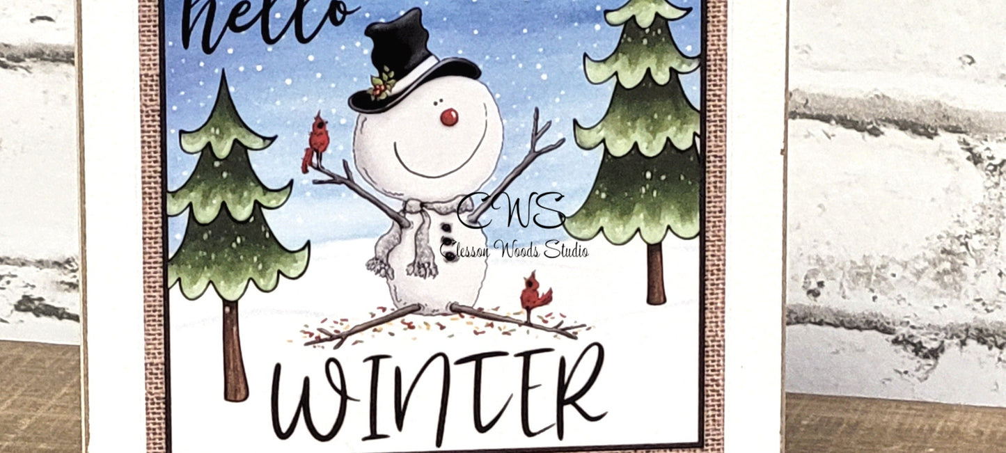 Hello Winter Snowman With Cardinals Square Wood Sign