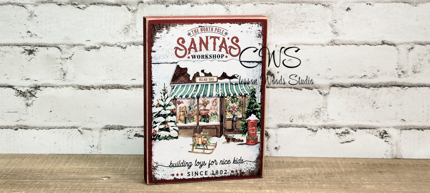 Santa's Workshop Wood Block Sign