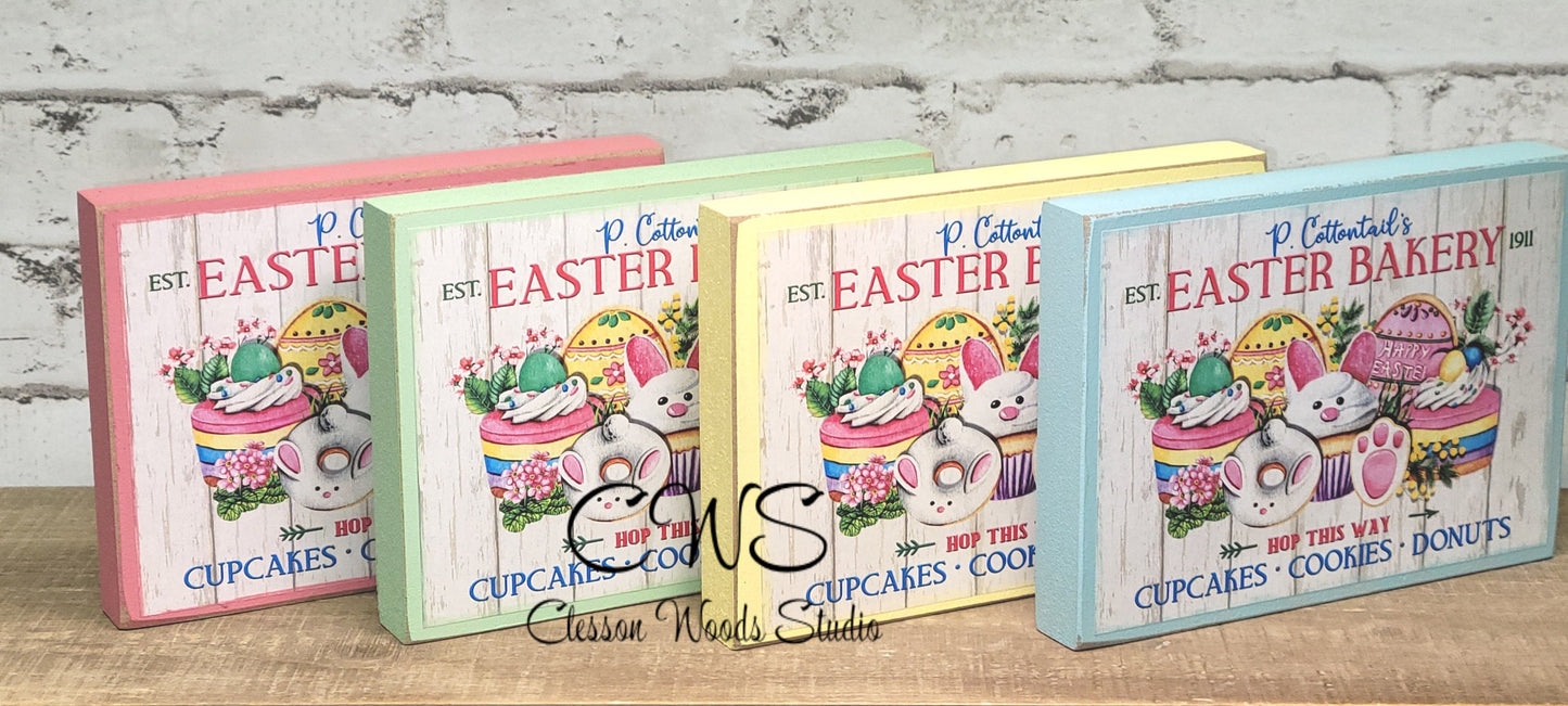 P Cottontail Easter Bakery (Pink, Yellow, Blue, Green) Wood Block Sign