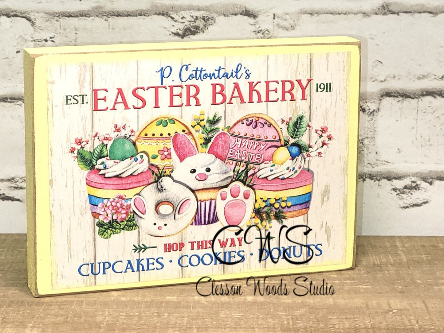 P Cottontail Easter Bakery (Pink, Yellow, Blue, Green) Wood Block Sign