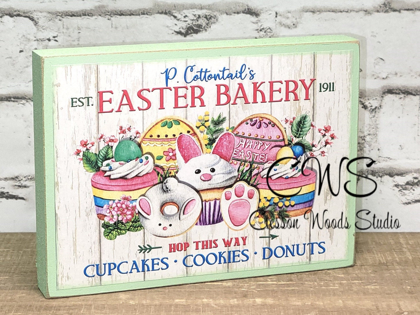 P Cottontail Easter Bakery (Pink, Yellow, Blue, Green) Wood Block Sign