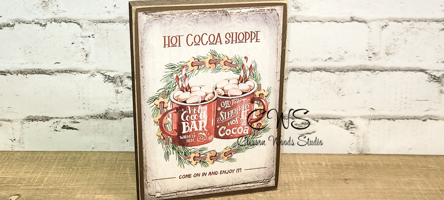Hot Cocoa Shoppe Wood Block Sign